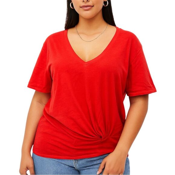 Express Red Orange Women’s Short Sleeve T-Shirt with Knot Detail - Picture 1 of 8